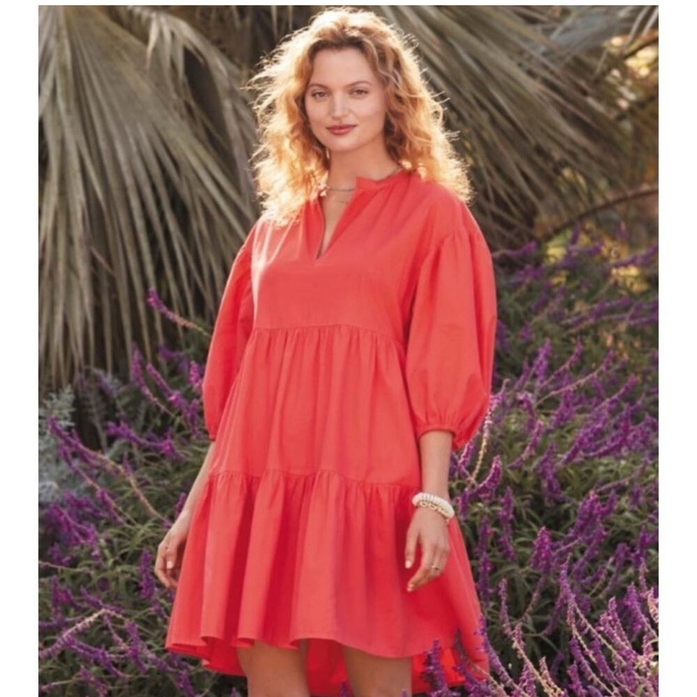 EVEREVE Sundry The Anywhere Babydoll Dress 3 Red Tiered Balloon Sleeves Cottage